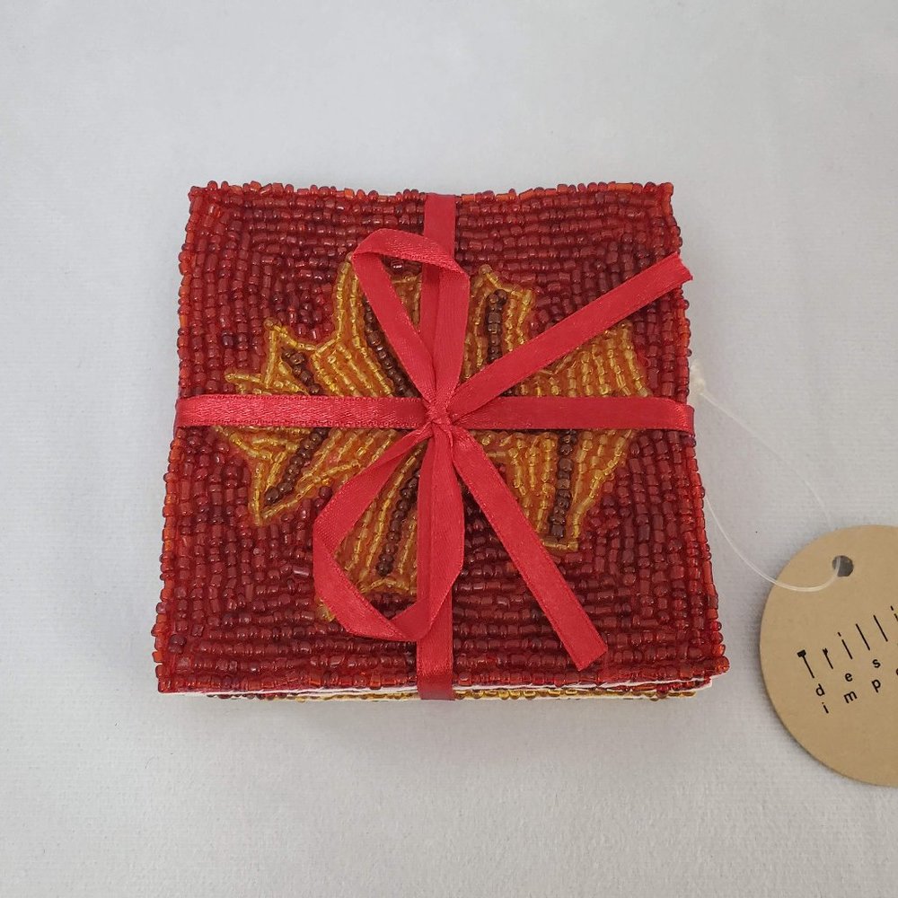 Trillium Design Beaded Fall Leaf Coasters Set of 4 New